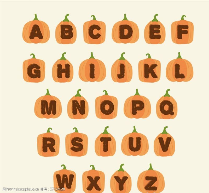 26个大写字母26个橙色南瓜字母矢量素材