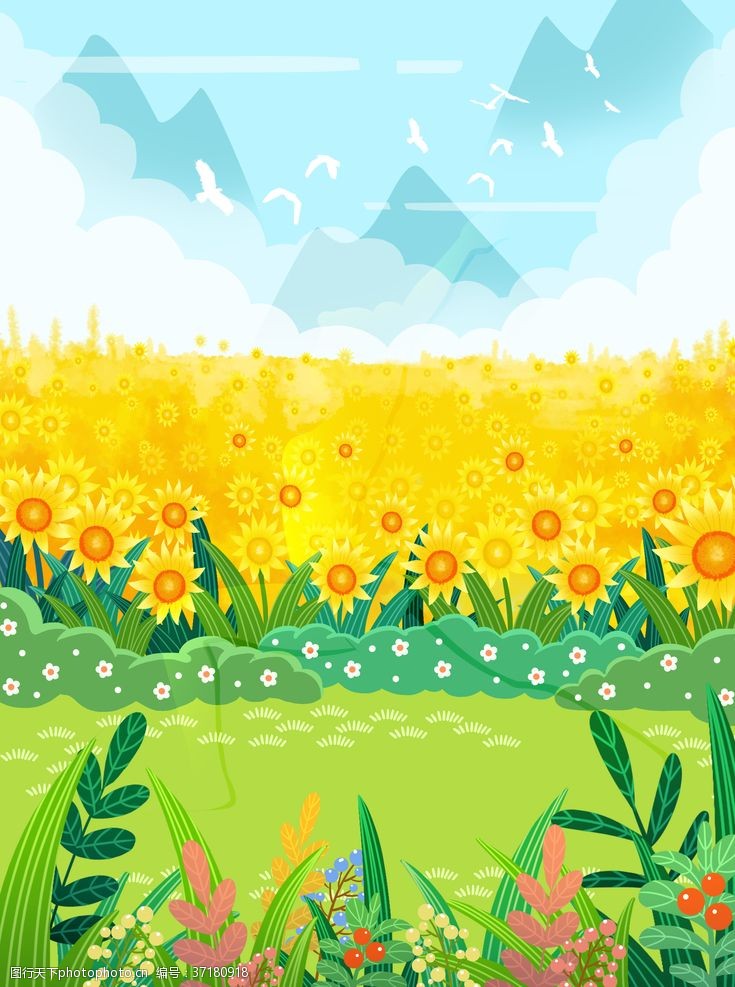 卡通野外草地向日葵背景图