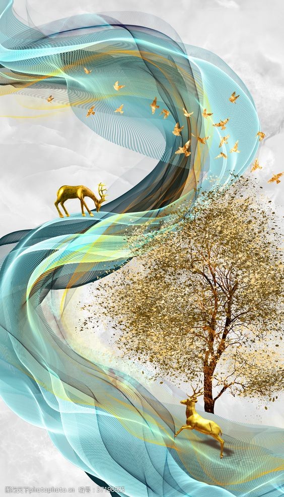中国风背景墙晶瓷麋鹿风景装饰画