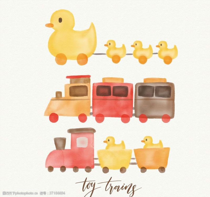 婴儿儿童孩子矢量水彩绘玩具火车矢量