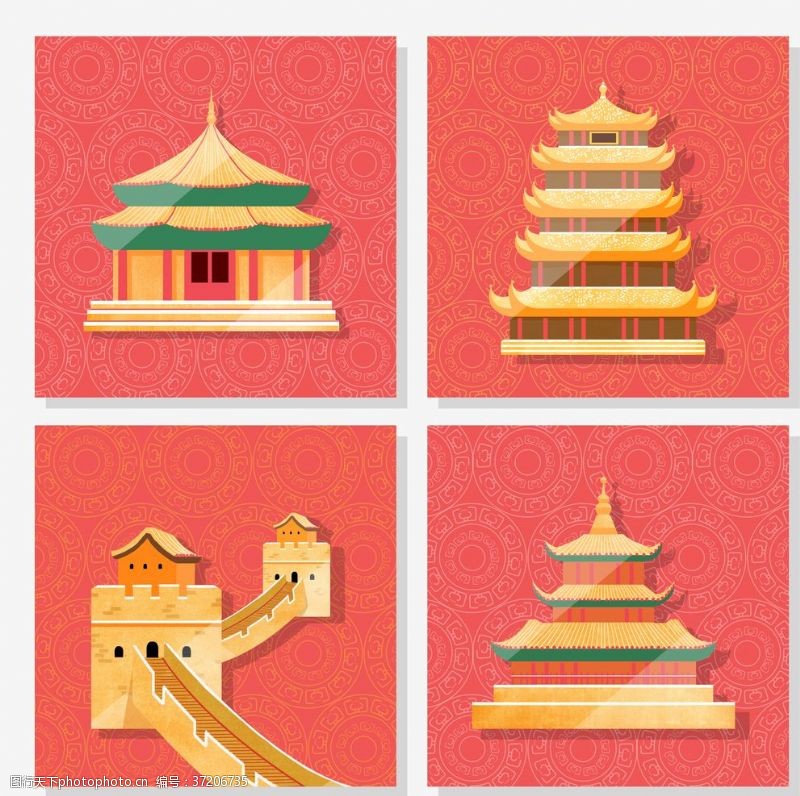 中国风背景墙手绘建筑