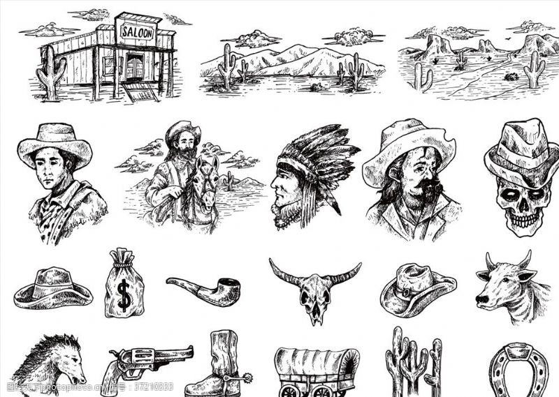 土著人黑白素描印第安风情插画