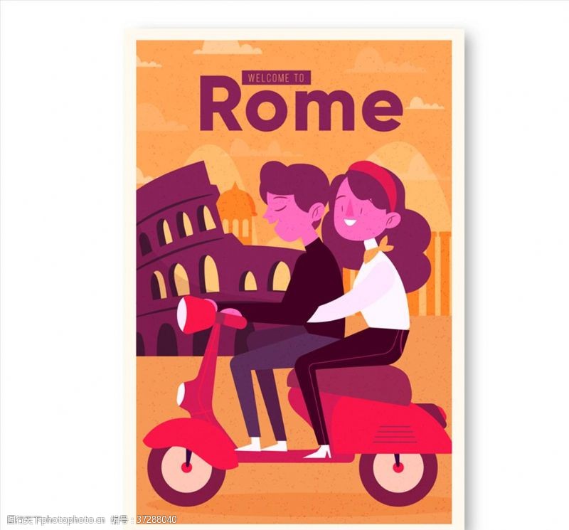 情侣度假骑摩托车情侣罗马旅行传单