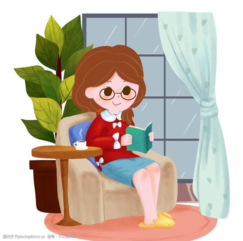 雨帘谷雨在家看书的女孩插画