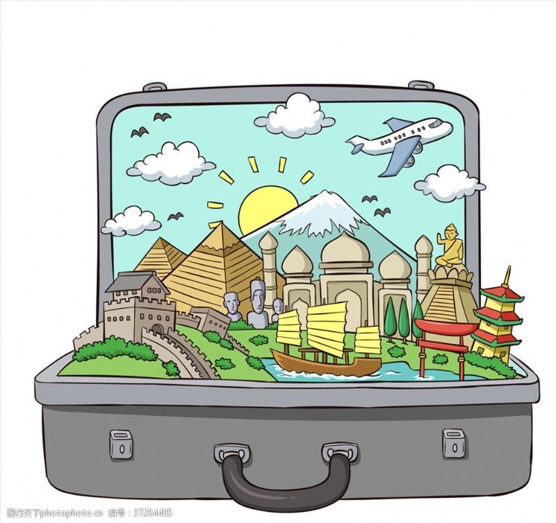 世界著名风景行李箱里的旅游风景
