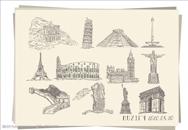 手绘巴黎铁塔12款世界标志性建筑物手绘稿