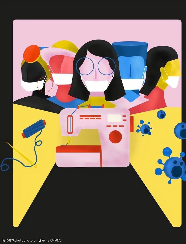 缝纫机做缝纫的女孩插画