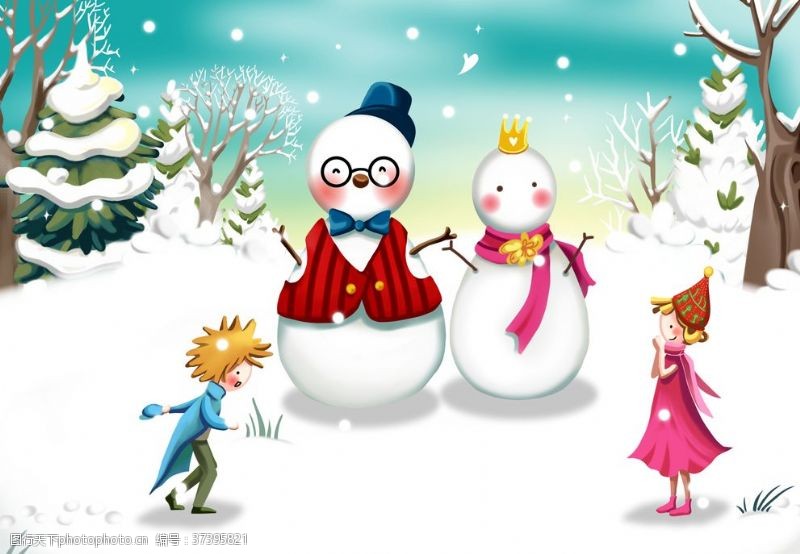 浪漫圣诞节小孩堆雪人