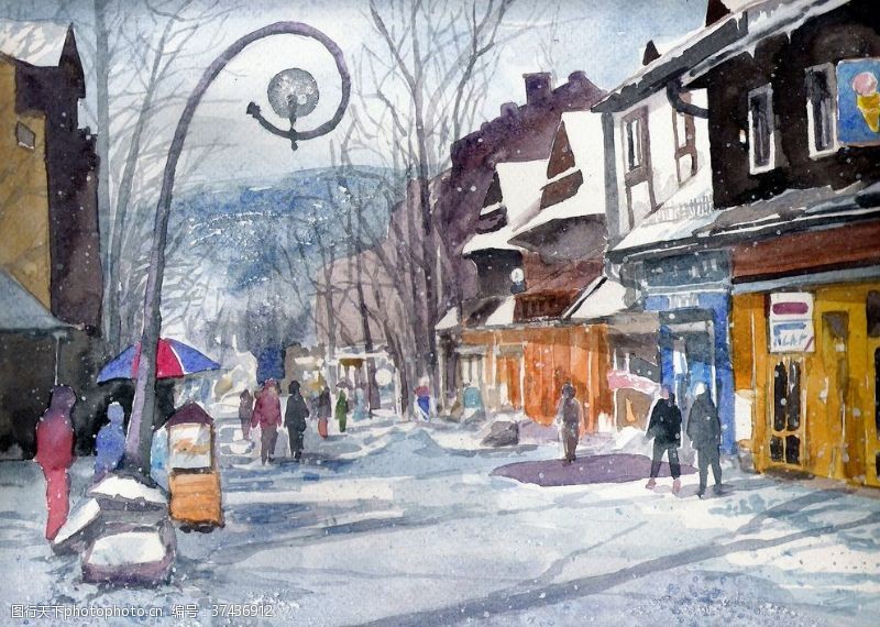 城市油画冬季树林街道风景油画