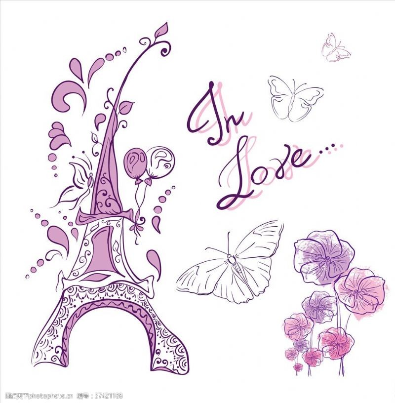 手绘巴黎铁塔花朵