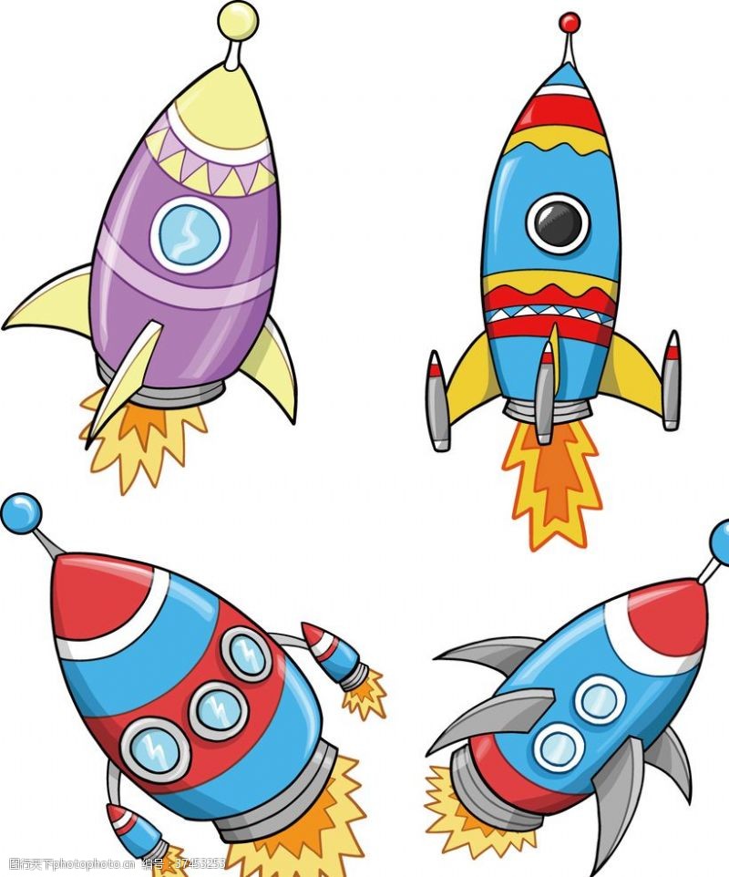 彩绘太空航天卡通火箭宇宙飞船飞机插画素材