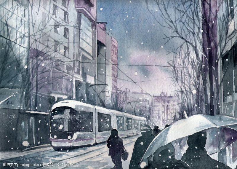 城市油画冬季树林街道风景油画