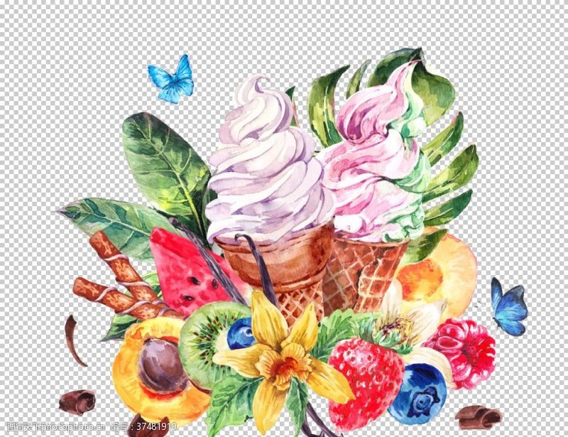 水彩手绘冰淇淋冰淇淋花朵
