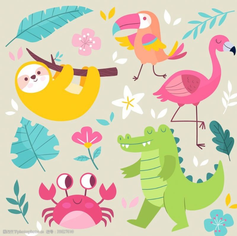 树懒森系森彩色动物王国矢量插画素材图片