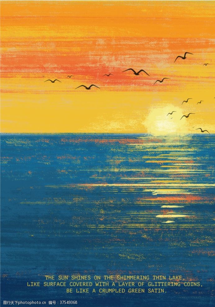 日出夕阳海边风景油画