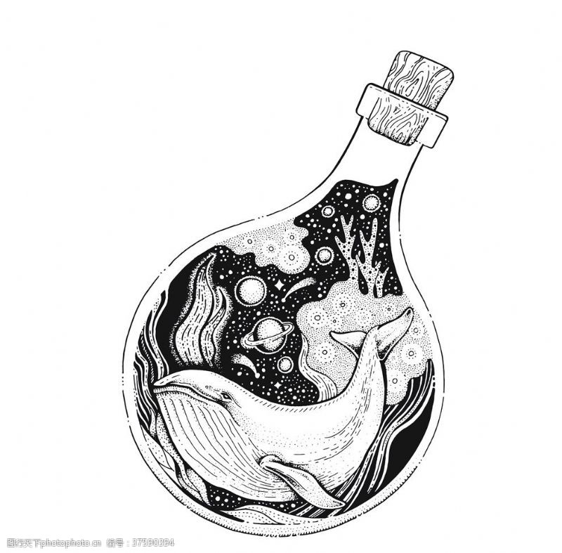 奇幻漂流瓶创意奇幻海洋插画图案设计