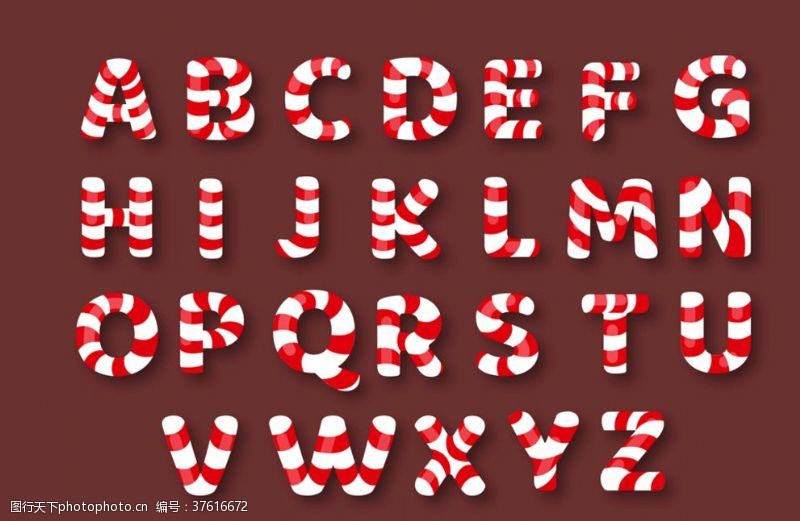 字母设计26个大写条纹糖果字母矢量素材