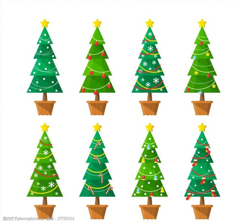 彩绘物件绿色圣诞树盆栽矢量素材