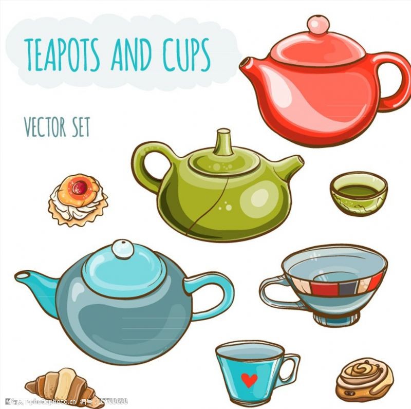 手绘矢量咖啡杯彩色茶壶与茶杯矢量素材