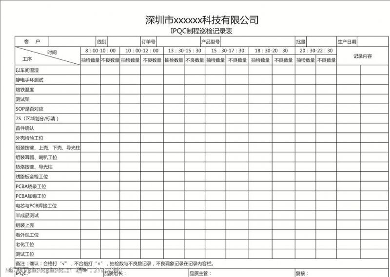 印刷厂IPQC制程巡检记录表