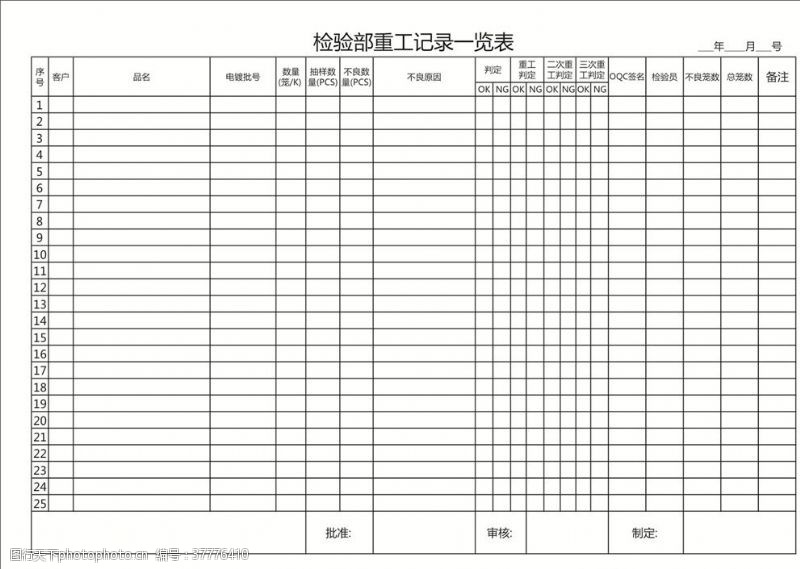 印刷厂检验部重工记录一览表