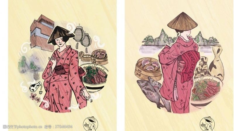 日系食物和服女人素材日系素材手绘女人