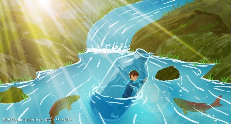 分类夏季河流清新插画卡通背景素材