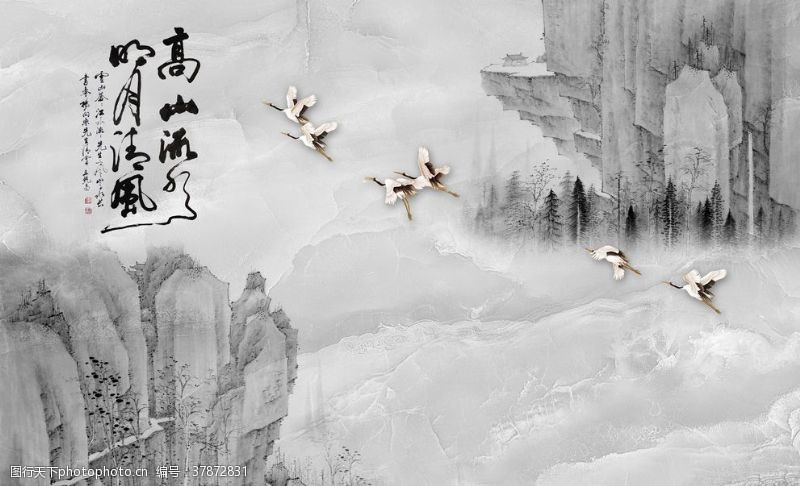 美术背景中式国画山水背景墙