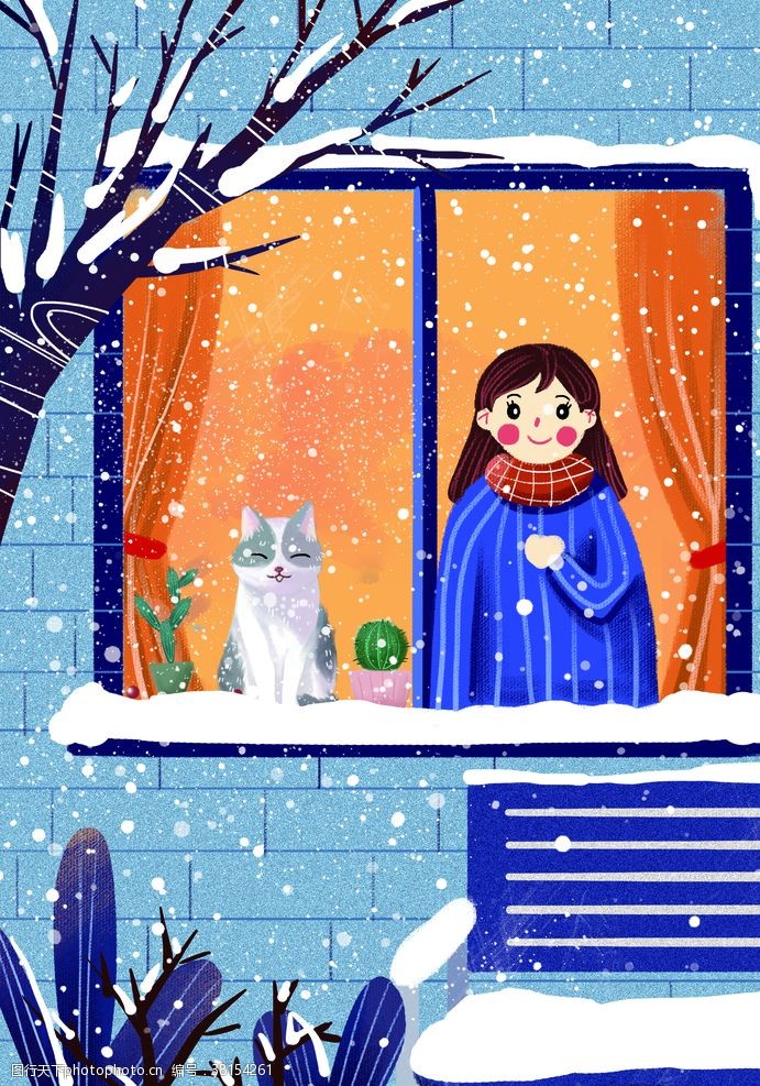 分类冬季窗台寒冷插画卡通背景素材
