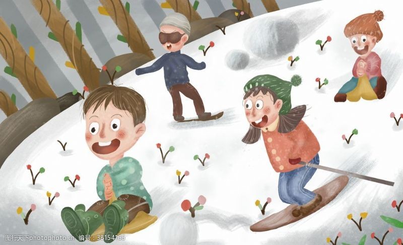 分类冬季滑雪清新卡通插画背景素材
