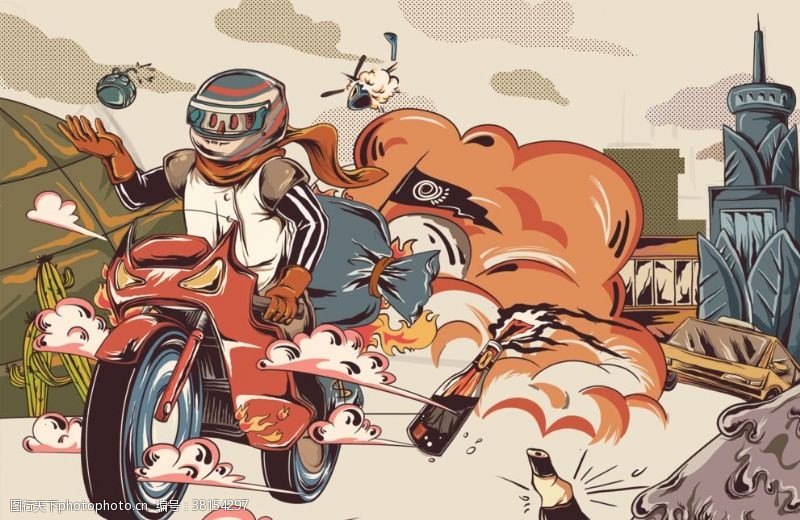分类逃亡爆炸插画卡通人物摩托车背景