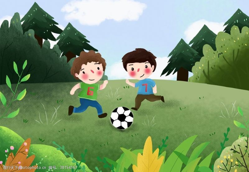 踢足球插画踢足球草坪清新卡通插画背景素材