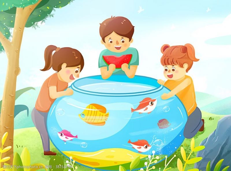 夏季鱼缸金鱼插画卡通背景素材