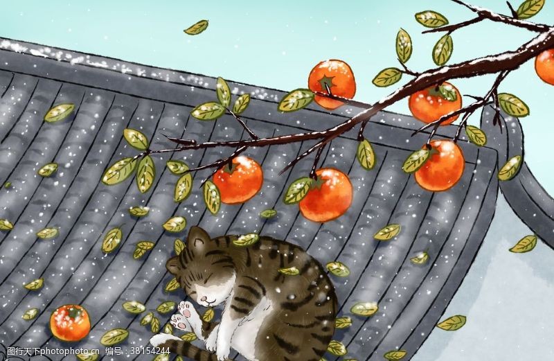 午后背景小猫午后屋顶插画卡通背景素材