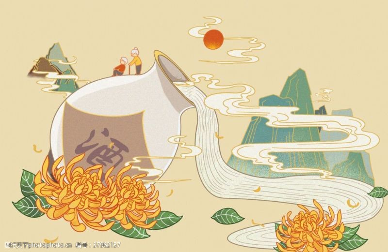 菊花酒重阳节菊花白酒传统插画卡通背景