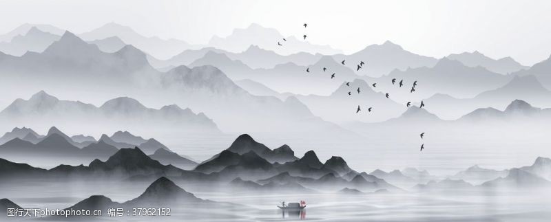 山水国风水墨古风插画卡通背景