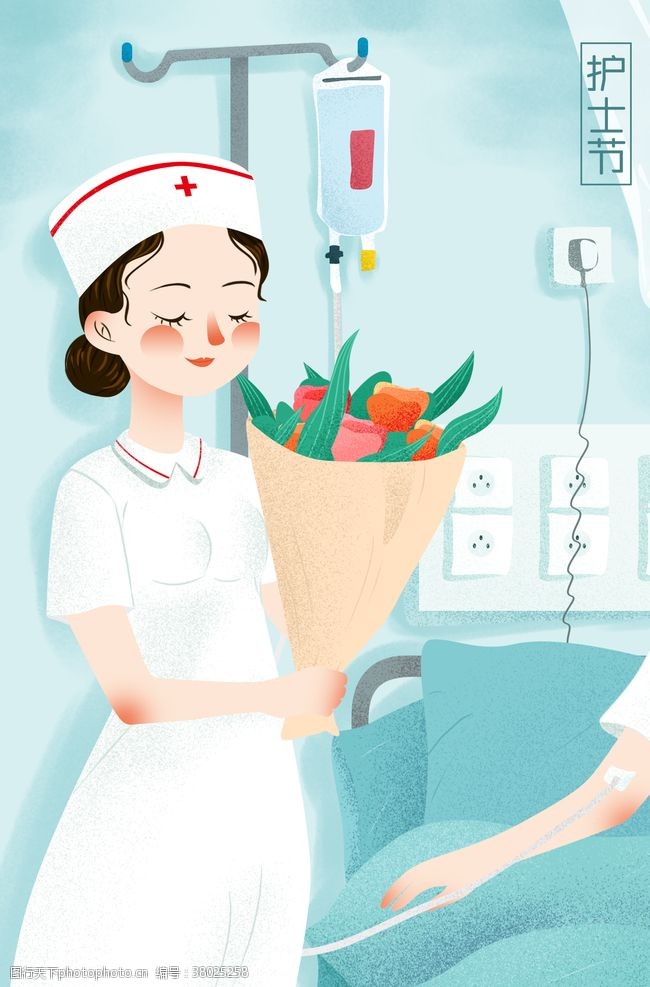 护士节人物鲜花插画卡通背景素材