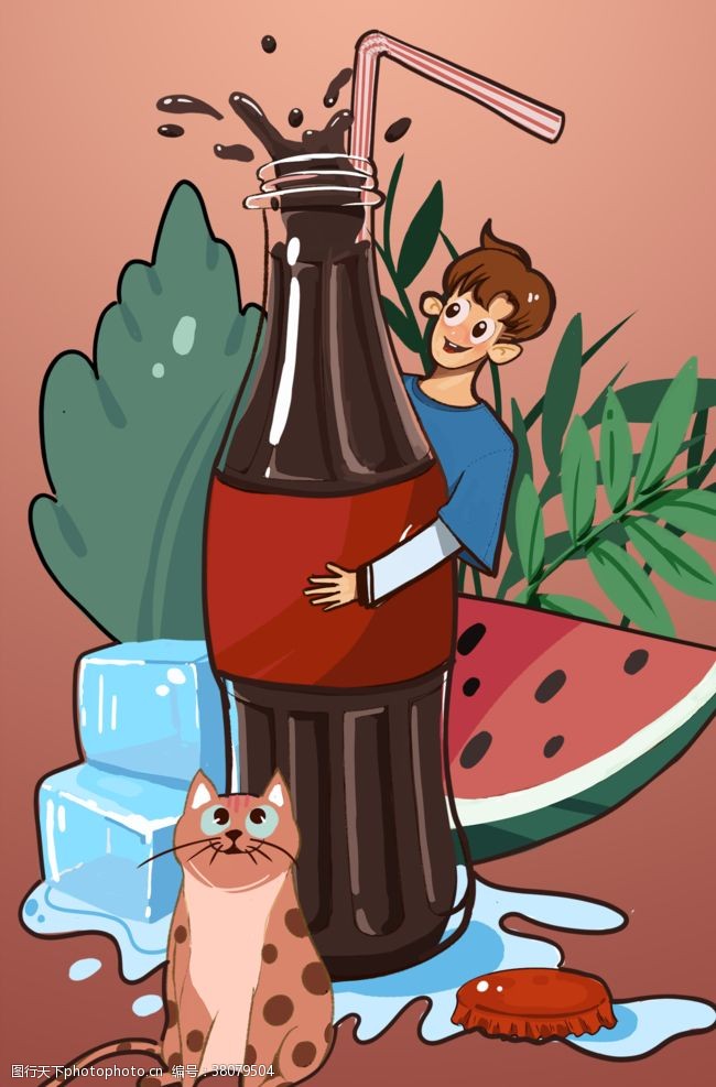 夏季可乐西瓜人物插画卡通背景
