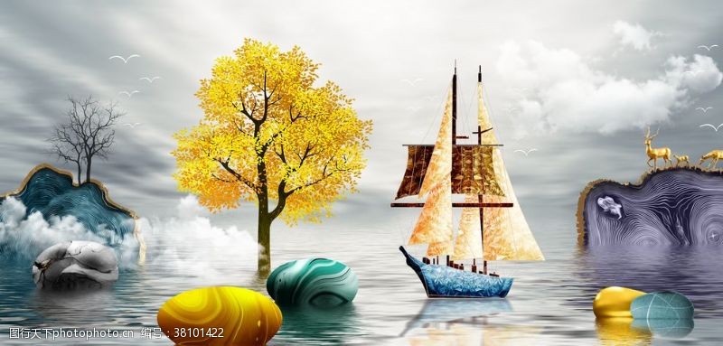 一帆风顺新中式金色黄色帆船大海装饰画
