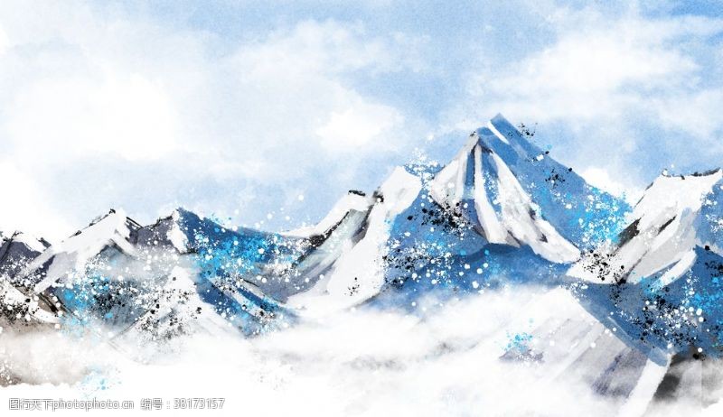 雪山山峰国风插画卡通背景素材