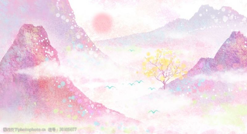 春季珠宝粉色水彩山水背景