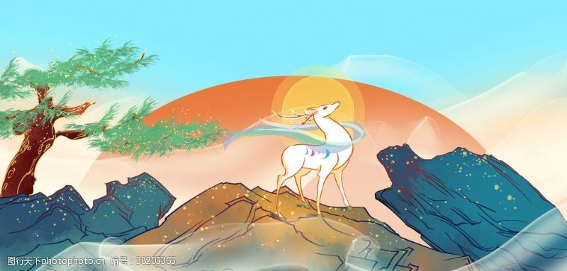 九色鹿传统古风国风插画背景素材