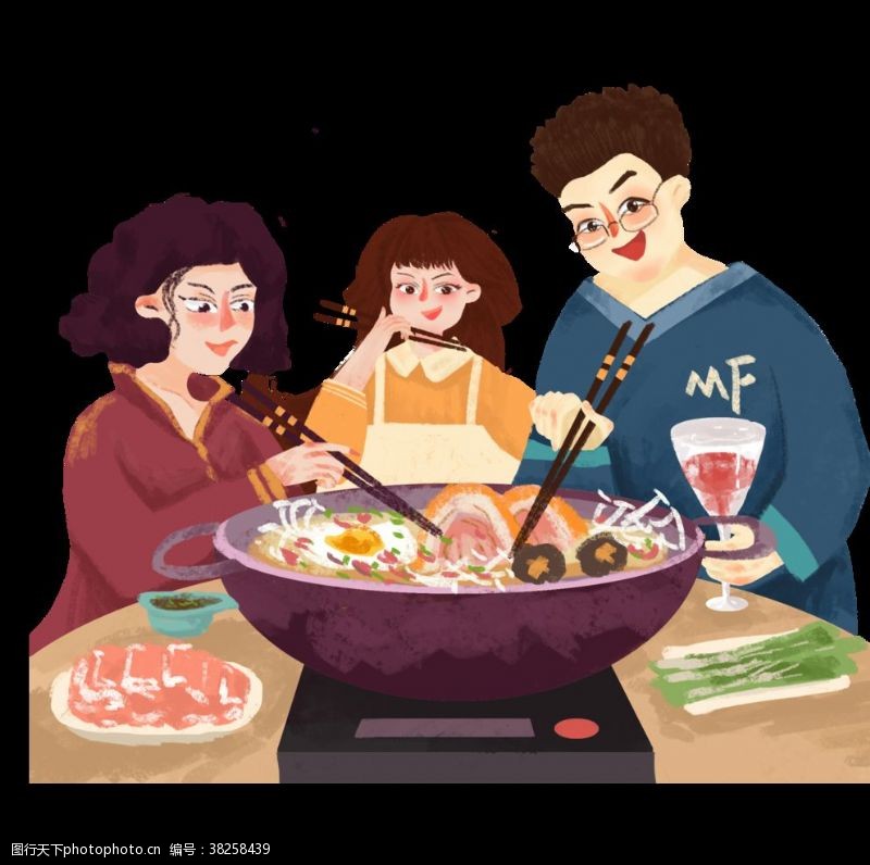 家庭亲情卡通吃火锅