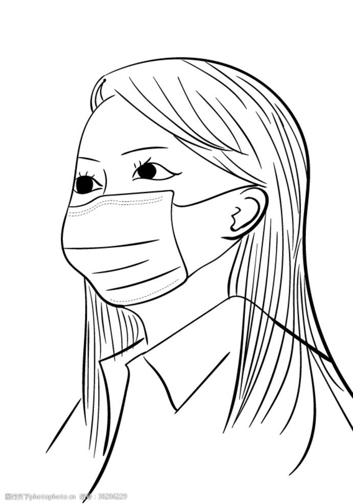 女性女士佩戴口罩线稿图图片