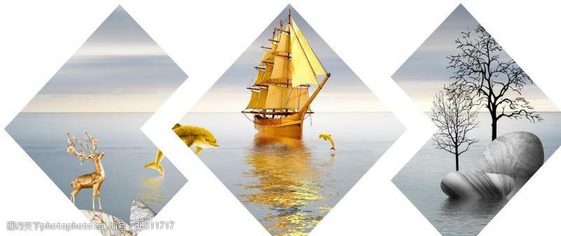 无框画顺新中式大海水帆船石头麋鹿装饰画