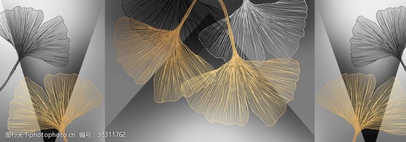黑色现代几何背景新中式鎏金筋脉银杏树叶子装饰画