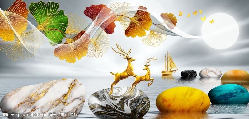 银联新中式鎏金银杏树叶子麋鹿装饰画