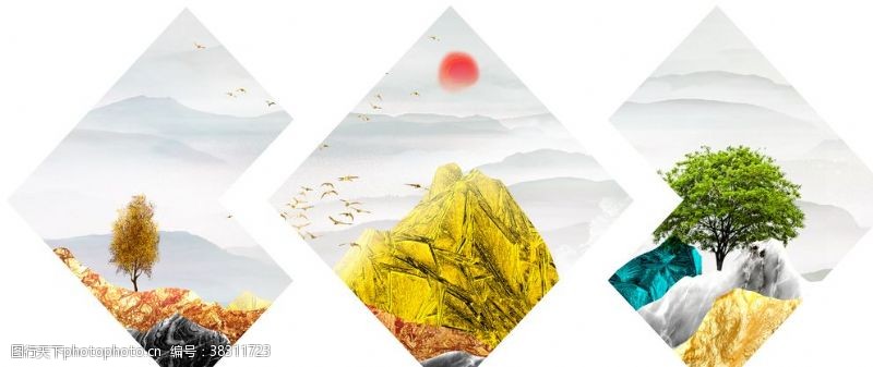 新中式意境金色山水日出装饰画