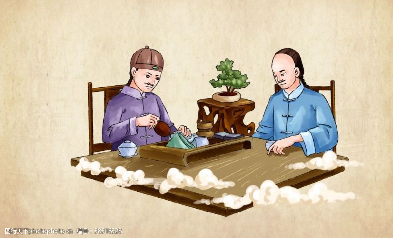 古人喝茶喝茶人物复古插画卡通海报素材