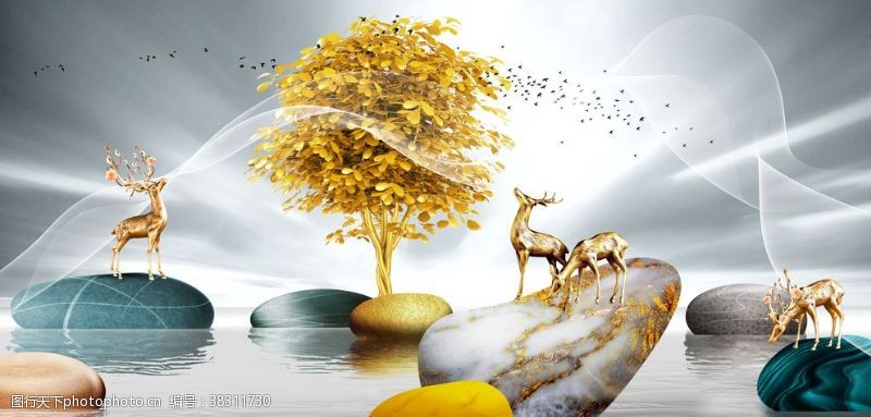 新中式石头大树麋鹿山水装饰画
